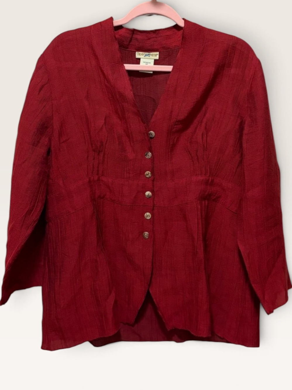 TravelSmith Red Textured Button Front Jacket Top MP Petite